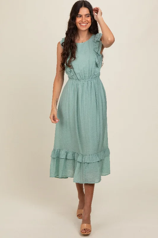 Women's midi dress tide glow -Jade Texture Ruffle Accent Midi Dress