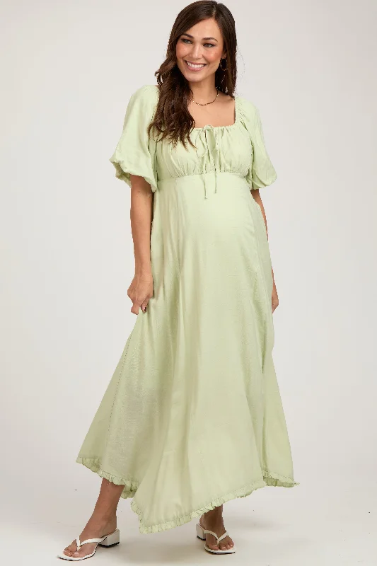 Women's floral dress warm bloom -Light Olive Front Tie Puff Sleeve Maternity Maxi Dress