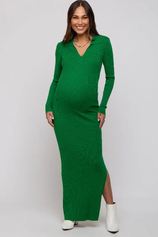 Women's floral dress midi flair -Green Rib Knit Collared Maternity Maxi Dress