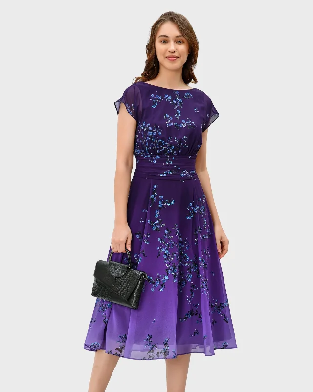 ladies-floral-dress-caramel-charm-Ombre floral print georgette pleated empire dress | Purple