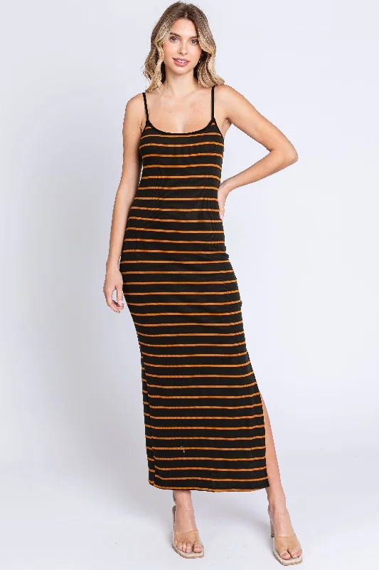 Women's midi dress trip glow -Black Striped Ribbed Side Slit Midi Dress