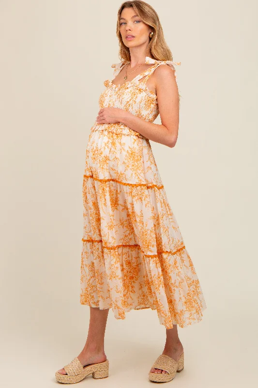 Women's midi dress trip glow -Peach Floral Sleeveless Ruffle Tiered Maternity Midi Dress