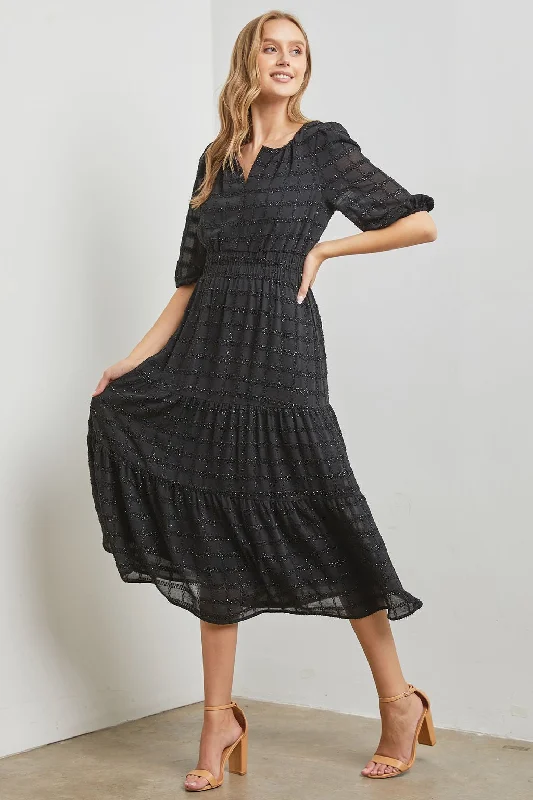 Women's floral dress smooth pop -Black Texture Woven Glittered Maxi Dress