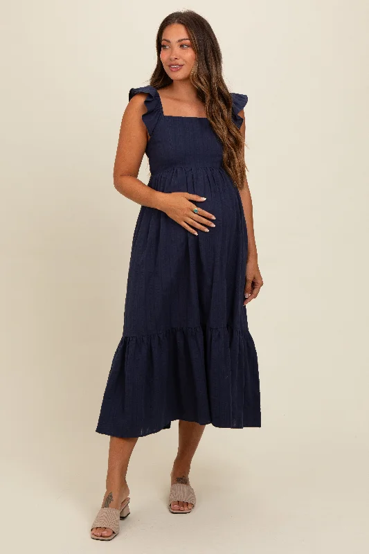 Women's midi dress leaf flair -Navy Blue Textured Cotton Ruffle Strap Maternity Midi Dress