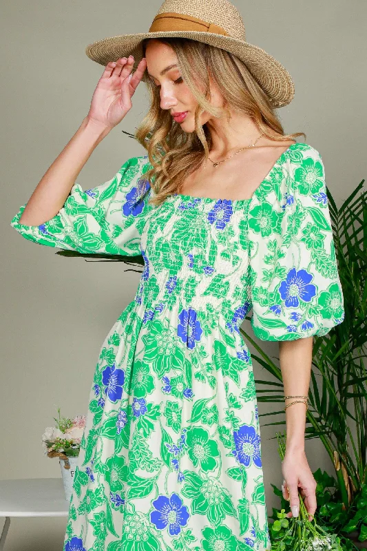 Women's midi dress night chic -Green Floral Smocked Square Neck Midi Dress