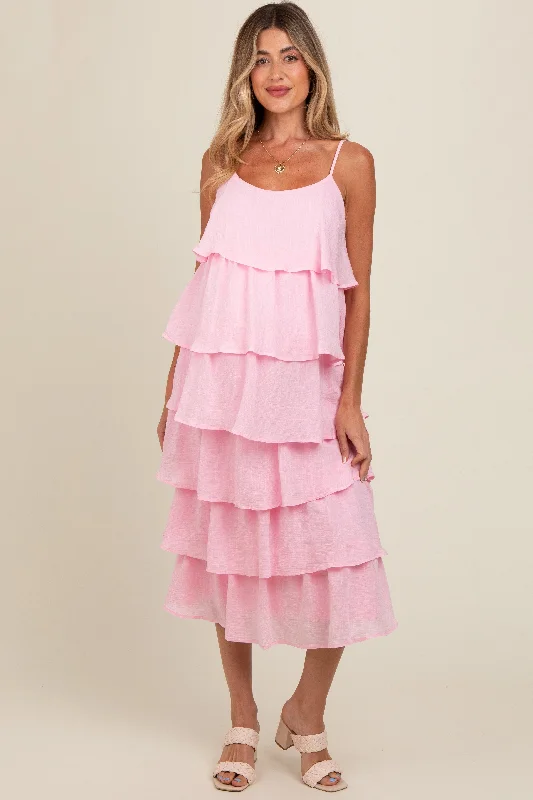 Women's midi dress mute pop -Light Pink Tiered Maternity Midi Dress