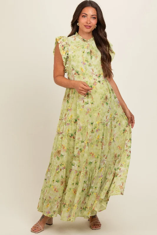 Women's floral dress bond glow -Lime Floral Chiffon Ruffle Shoulder Tiered Maternity Maxi Dress