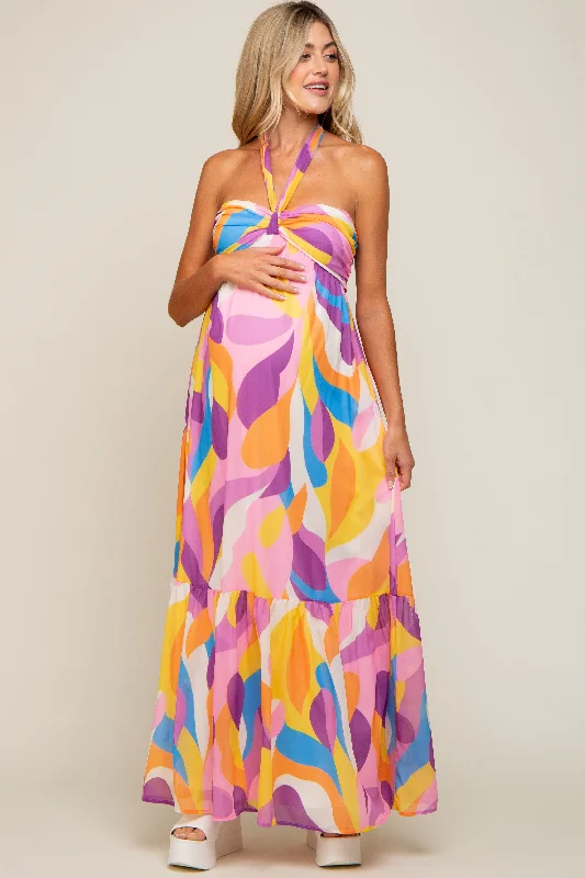 Women's floral dress wide glow -Yellow Printed Halter Maternity Maxi Dress