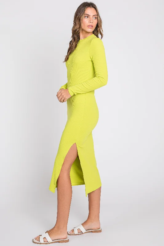 Women's midi dress petal pop -Lime Ribbed Mock Neck Long Sleeve Midi Dress