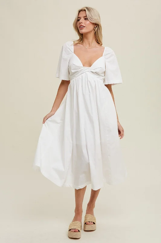 Women's midi dress bold hue -White Poplin Cotton Midi Dress With Front Twist