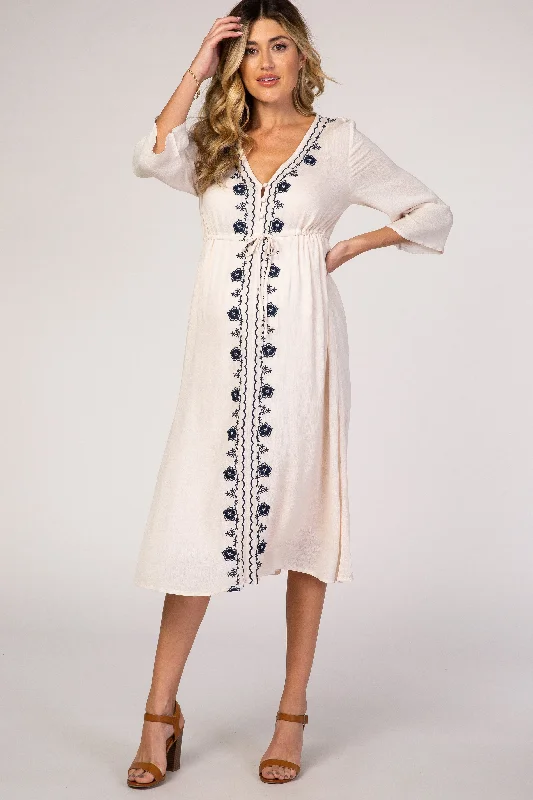 Women's midi dress airy vibe -Beige Floral Embroidered 3/4 Sleeve Maternity Midi Dress