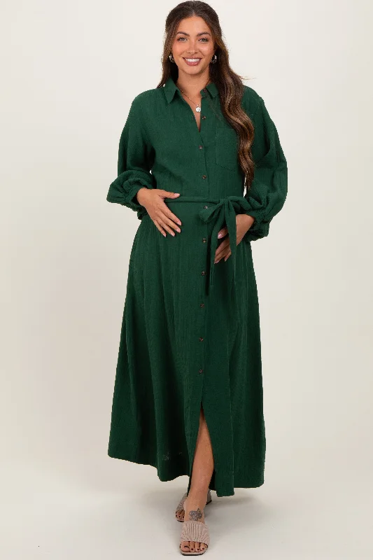 Women's midi dress luxe pop -Dark Olive Gauze Belted Shirt Maternity Midi Dress