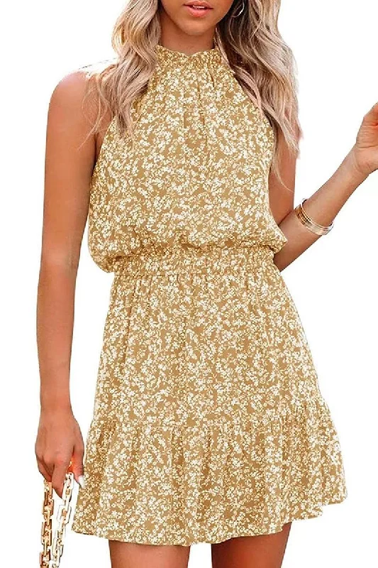 ladies-floral-dress-elastic-essence-FLORAL TIGHTEN WAIST SHORT HALTER NECK DRESS