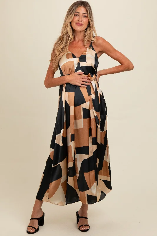 Women's floral dress tug pop -Camel Abstract Print Sash Tie Maternity Maxi Dress