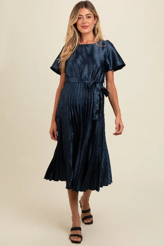 Women's midi dress raw flair -Navy Satin Pleated Sash Tie Maternity Midi Dress