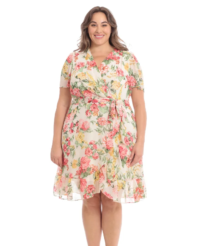 ladies-floral-dress-mint-mirth-Floral ruffle faux wrap dress | Cream/Rose