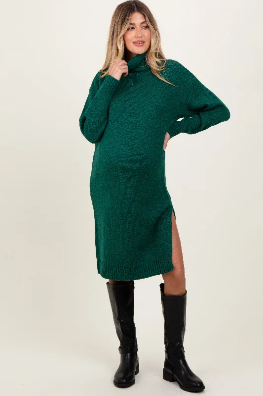 Women's midi dress cinch glow -Forest Green Turtleneck Side Slit Maternity Midi Sweater Dress