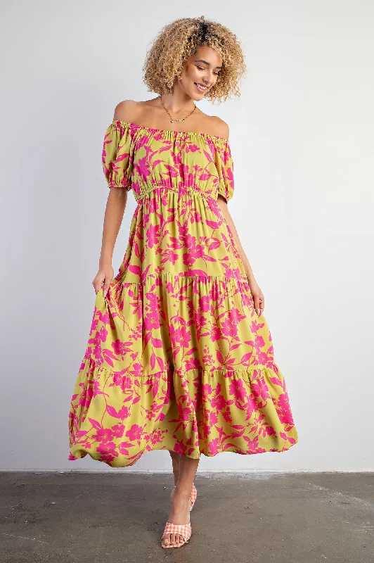 Women's midi dress buzz flair -Lime Floral Off Shoulder Puff Sleeve Midi Dress