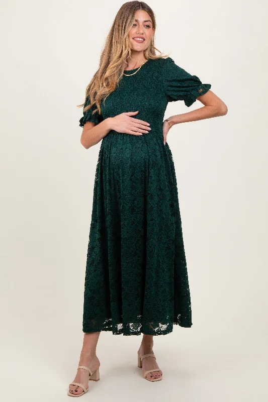 Women's midi dress yes chic -Forest Green Lace Smocked Short Sleeve Maternity Midi Dress