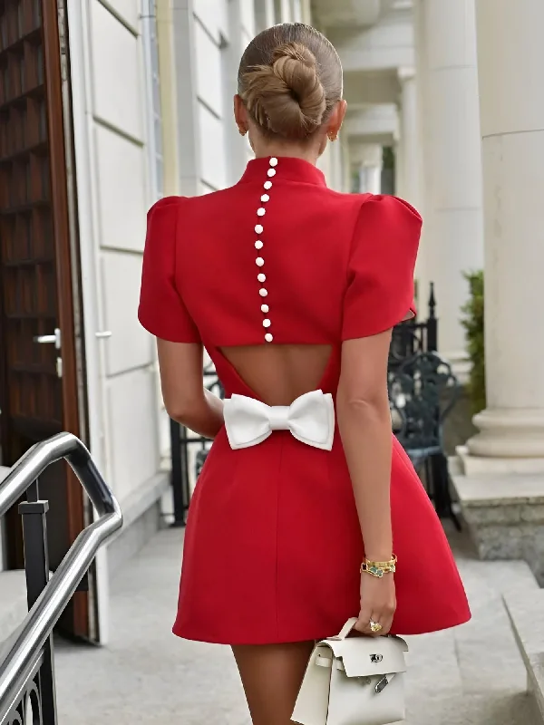 ladies-mini-dress-tall-twirl-Elegant Hollow Out Red Mini Dress With Fashion Bow - Now In White Too!