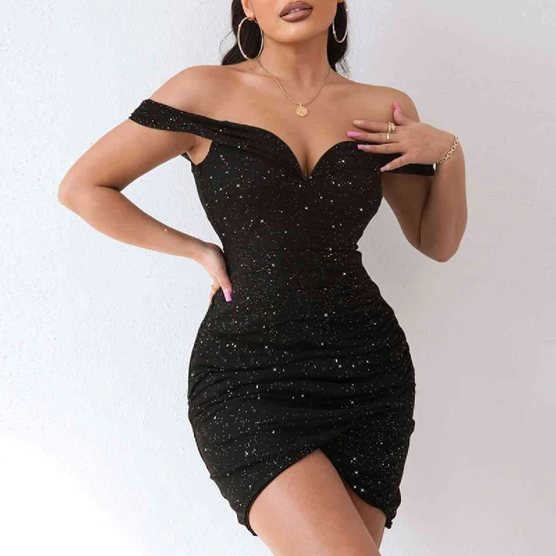 ladies-mini-dress-pleated-play-Sequin Off-Shoulder Mini Dress