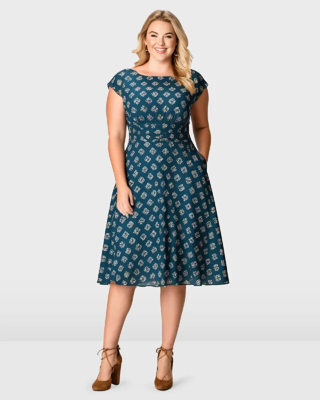 ladies-floral-dress-designer-daisy-Graphic Floral Print Pleated Crepe Dress | Teal, Beige