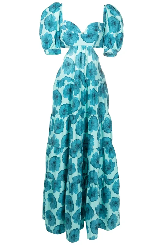 ladies-floral-dress-low-cut-lush-Floral Classic Puff-Sleeved Cut-Outs Long Dress