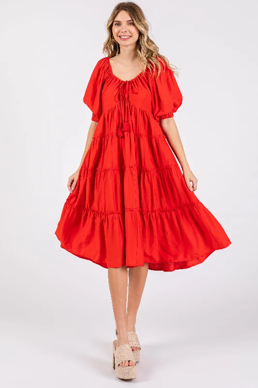 Women's midi dress multi chic -Red Tiered Midi Dress