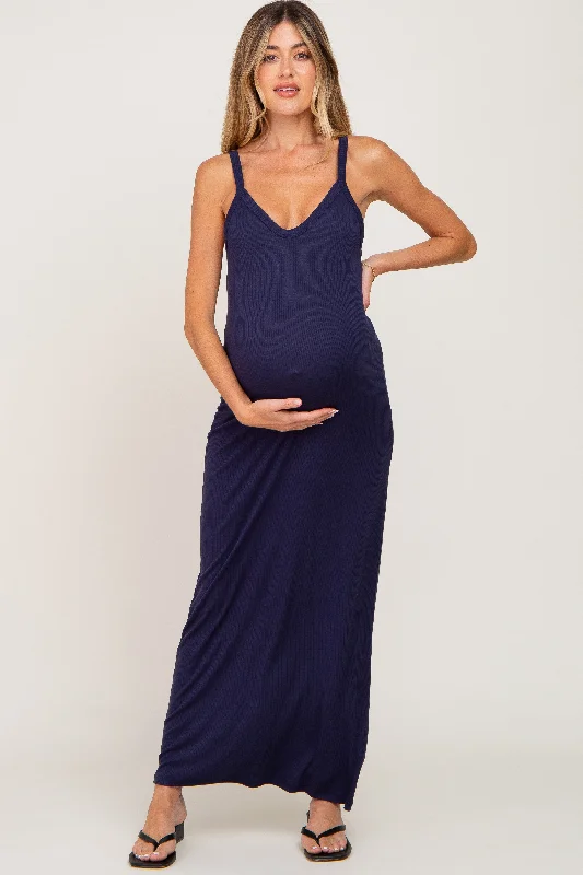 Women's floral dress last glow -Navy Ribbed Basic Maternity Maxi Dress