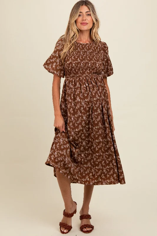 Women's midi dress dine flair -Brown Floral Smocked Maternity Midi Dress