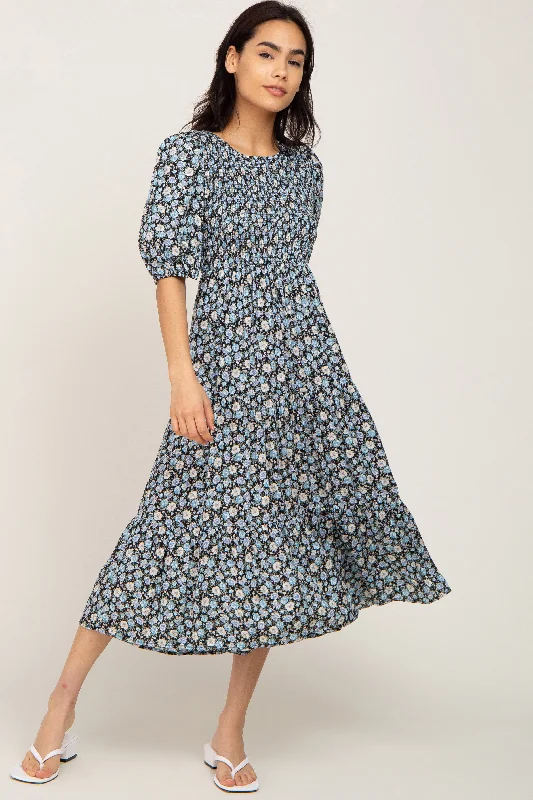 Women's midi dress path pop -Black Floral Smocked Tiered Midi Dress