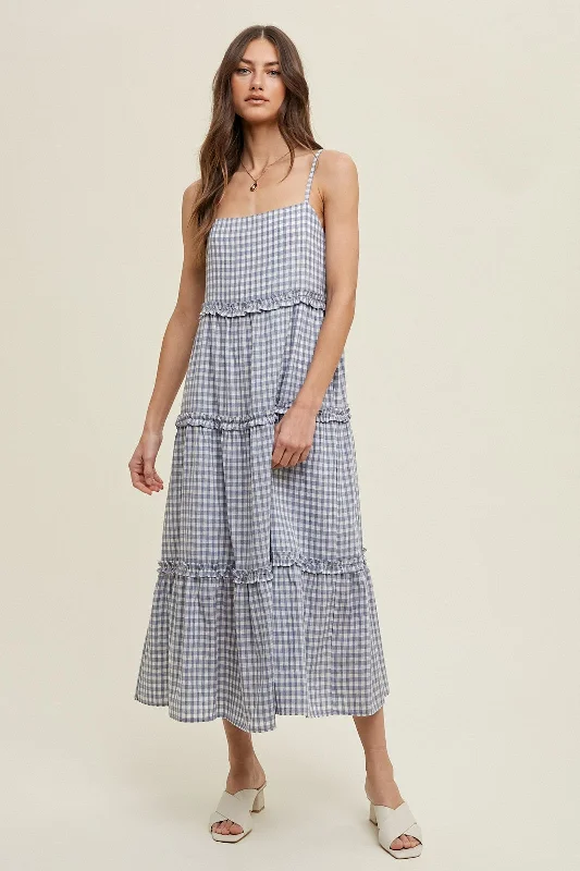 Women's midi dress grid chic -Blue Gingham Ruffle Tiered Midi Dress