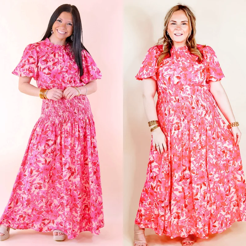 Women's floral dress rest flair -Moonlit Bay Floral High Neck Maxi dress with Smocked Waistline in Pink