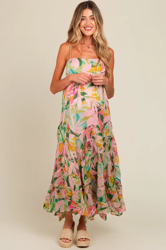 Women's floral dress now bloom -Pink Floral Tiered Ruffle Hem Maternity Maxi Dress