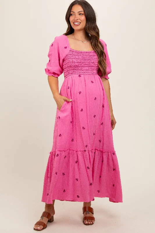 Women's midi dress coral glow -Pink Gauze Smocked Embroidered Square Neck Maternity Midi Dress