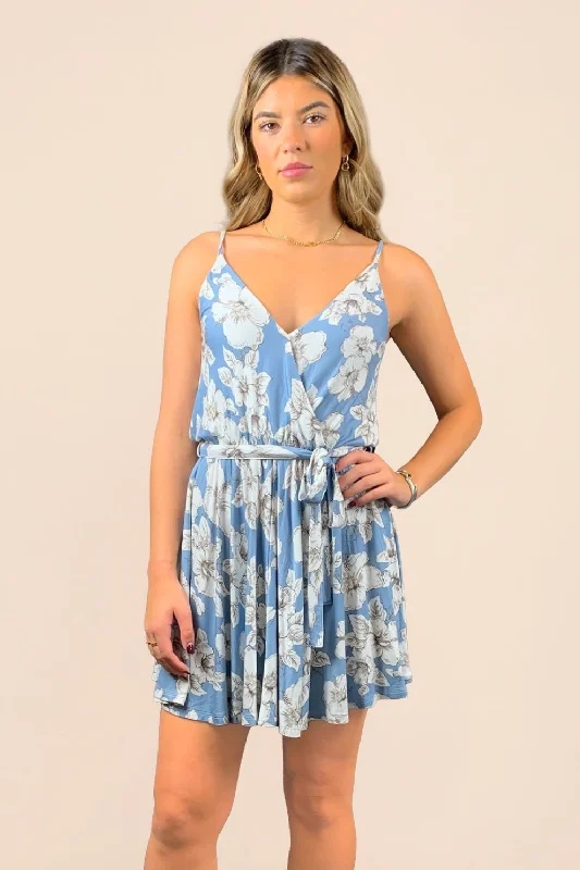 ladies-floral-dress-evening-ember-Blue Tropical Floral Wrap Bodice Dress