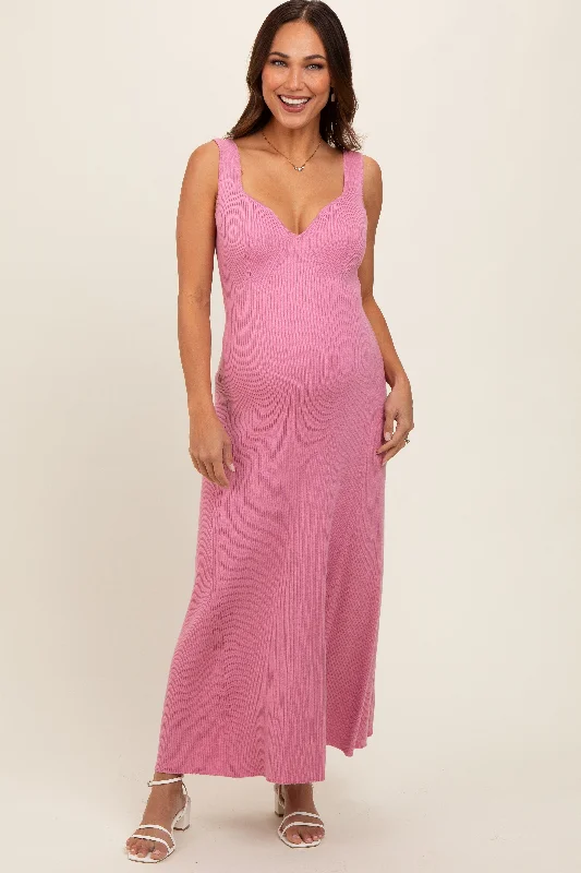 Women's floral dress gleam bloom -Pink Knit Maternity Deep V-Neck Maternity Maxi Dress