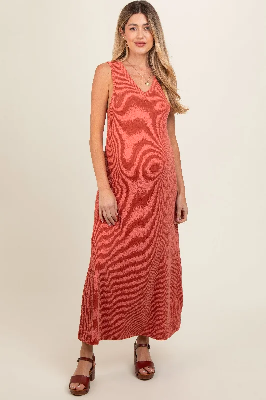 Women's floral dress bell flair -Rust Sleeveless Ribbed Maternity Maxi Dress