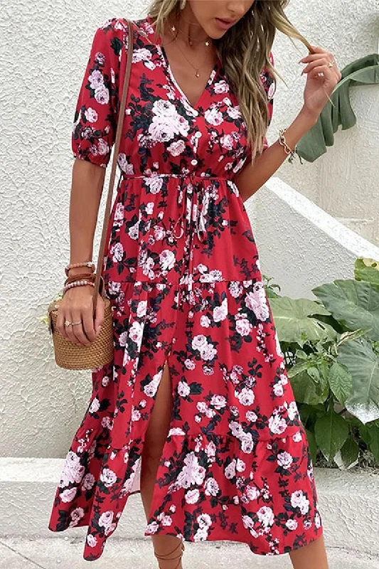 ladies-floral-dress-comfortable-calm-FRONT SLIT V NECK PUFF FLORAL DRESS