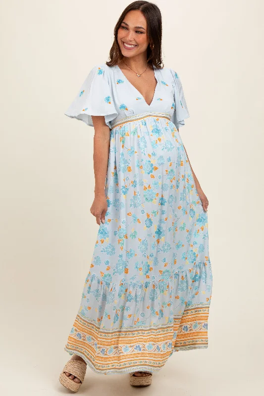 Women's floral dress airy glow -Light Blue Floral Flounce Sleeve Maternity Maxi Dress