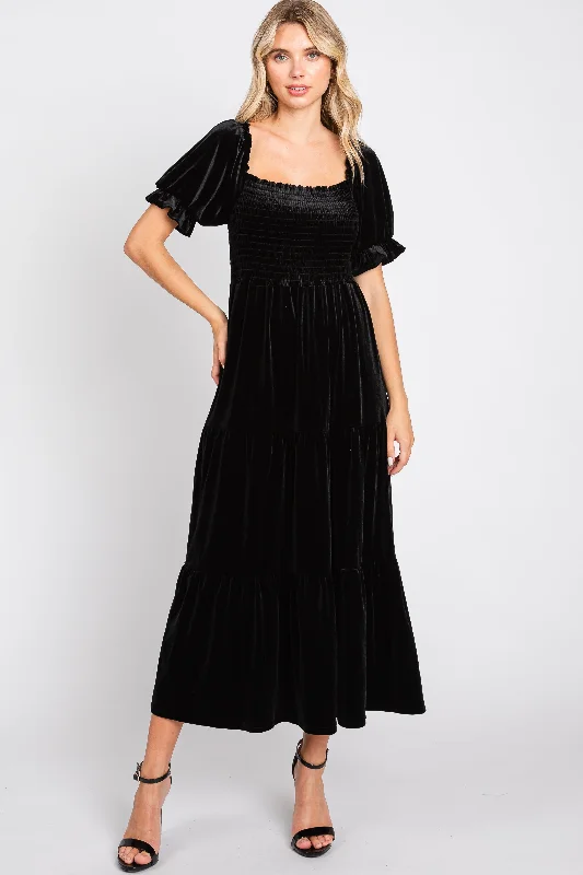 Women's midi dress blush flair -Black Velvet Tiered Midi Dress