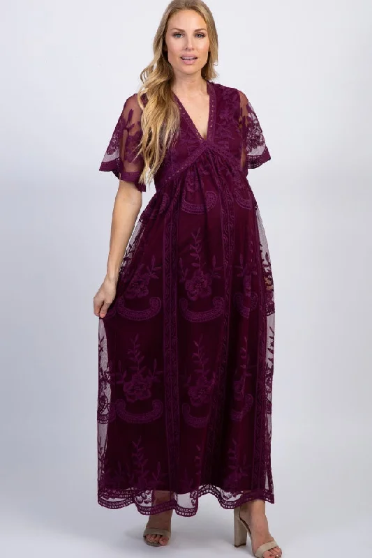 Women's floral dress ray flair -PinkBlush Deep Burgundy Lace Mesh Overlay Maternity Maxi Dress