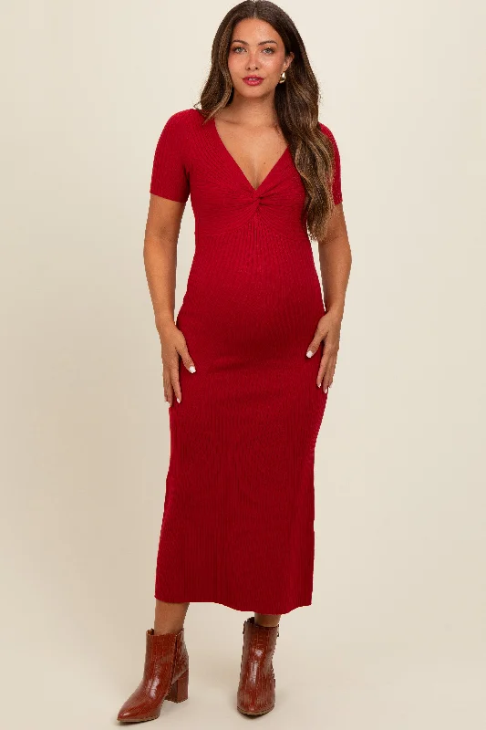 Women's floral dress vast pop -Red Knit Twisted V-Neck Maternity Maxi Dress