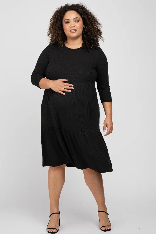 Women's midi dress path pop -Black Tiered Ribbed 3/4 Sleeve Plus Maternity Midi Dress