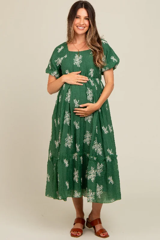 Women's midi dress web glow -Green Floral Print Ruffle Hem Maternity Midi Dress