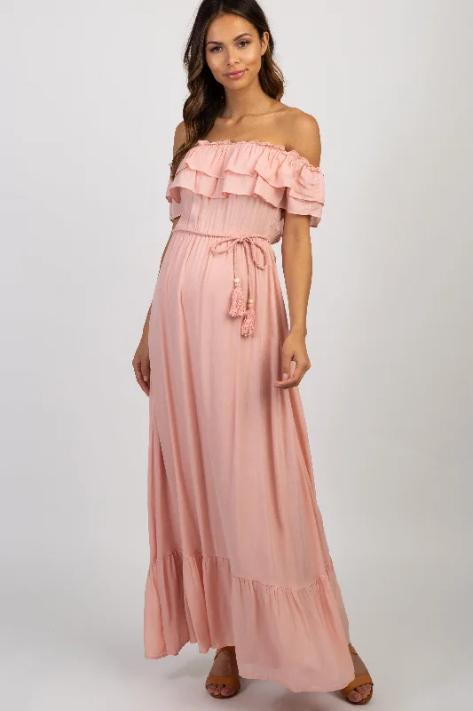 Women's floral dress era bloom -Pink Off Shoulder Tassel Tie Maternity Maxi Dress