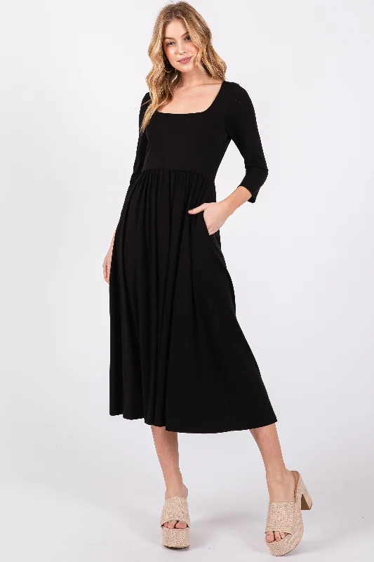 Women's midi dress gem chic -Black Square Neck 3/4 Sleeve Midi Dress