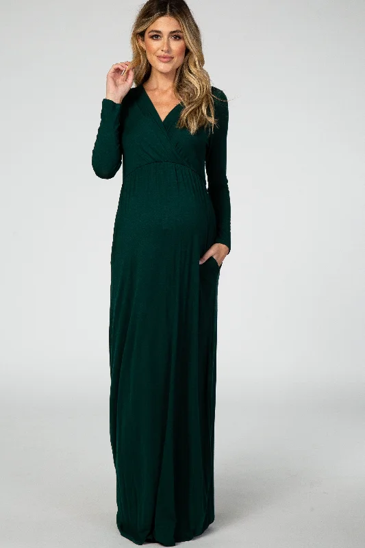 Women's floral dress bend bloom -Green Long Sleeve Maternity Nursing Maxi Dress