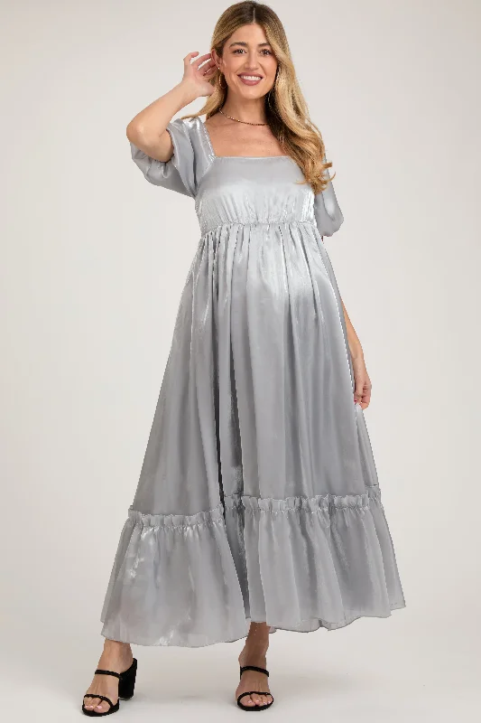 Women's floral dress rite flair -Silver Satin Square Neck Short Puff Sleeve Maternity Maxi Dress