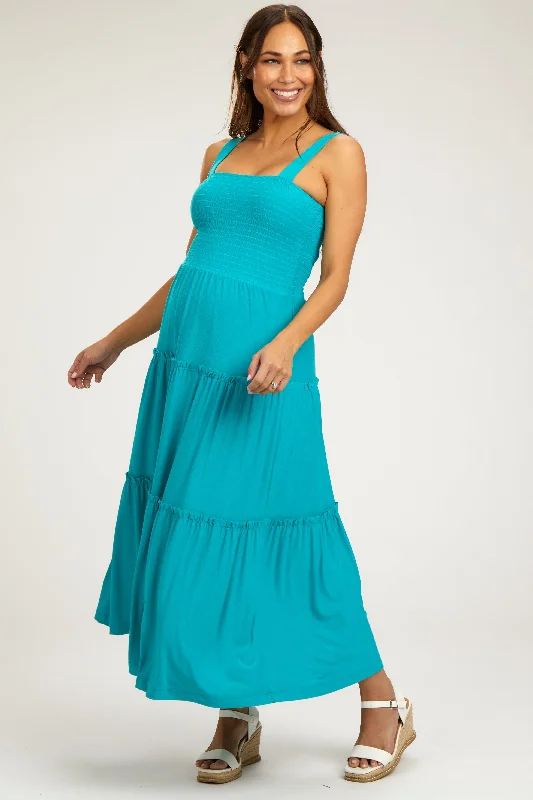 Women's floral dress egg glow -Turquoise Sleeveless Tiered Maternity Maxi Dress